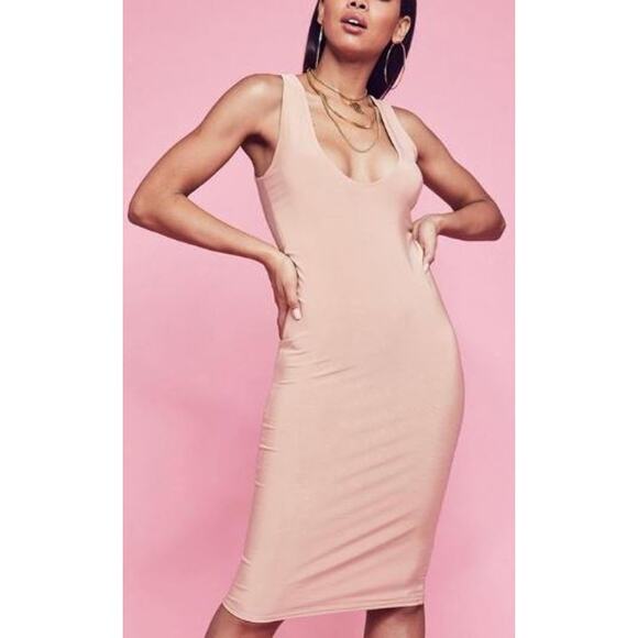 Missguided Size 6 Plunge Sheath Dress Camel Tan Hourglass Sleeveless Stretch - Picture 1 of 9